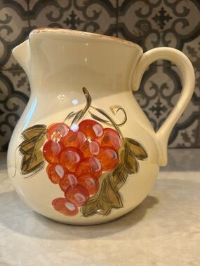 Vintage Cream Ceramic Pitcher with Red & Purple Grape Design-EUC